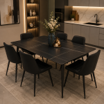 Luxury ceramic dining table with 6 leather chairs طاولة سفرة سيراميك فاخرة مع 6 كراسي جلد