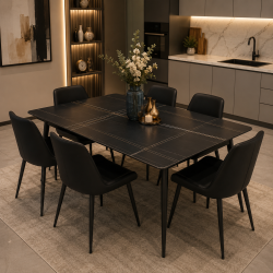 Luxury ceramic dining table with 6 leather chairs طاولة سفرة سيراميك فاخرة مع 6 كراسي جلد