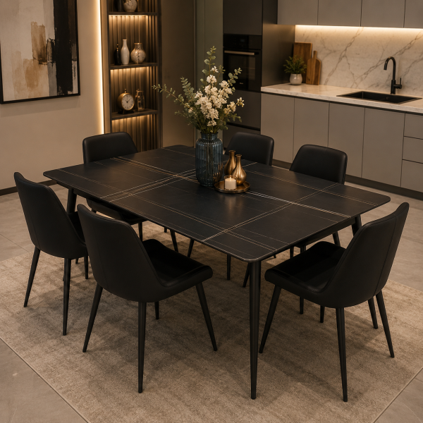 Luxury ceramic dining table with 6 leather chairs طاولة سفرة سيراميك فاخرة مع 6 كراسي جلد