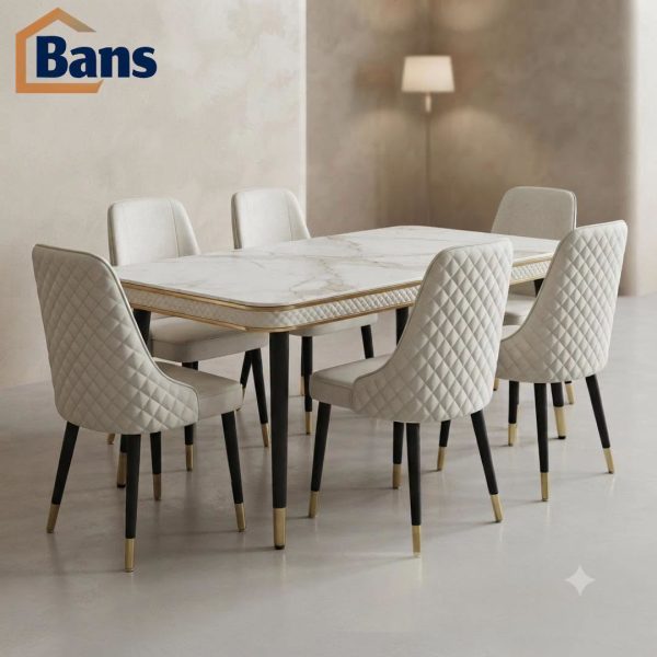 طاولة سفرة سيراميك فاخرة مع 6 كراسي جلد Luxury ceramic dining table with 6 leather chairs