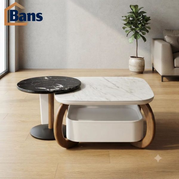 Modern marble coffee table with double design and storage shelf