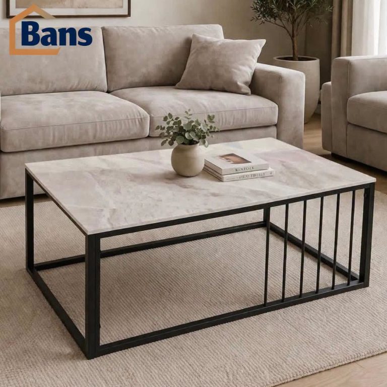 طاولة وسط مستطيلة – تصميم رخامي عصري بإطار معدني