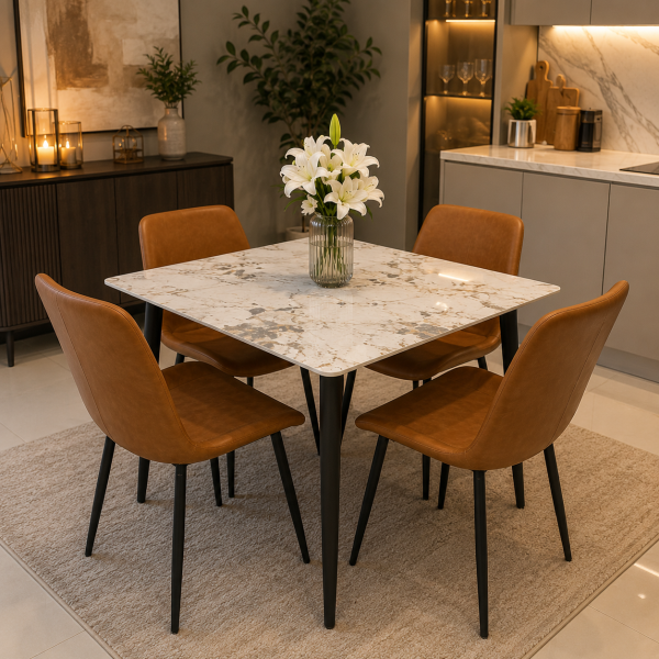 طاولة سفرة سيراميك 80×80 مع 4 كراسي جلد ceramic dining table with 4 leather chairs