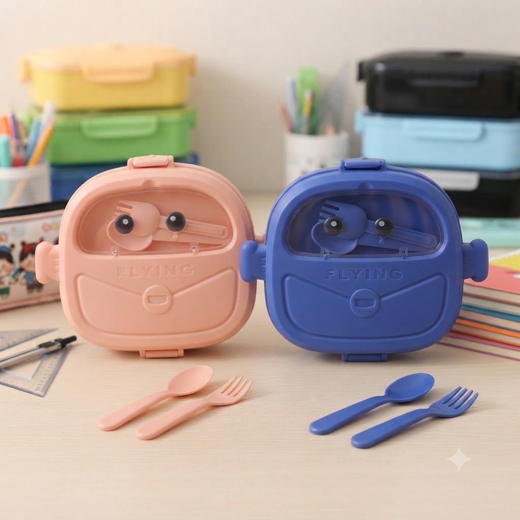 FLYING Kids Lunchbox with Robot Design and Cutlery pink and bue لانش بوكس أطفال FLYING بتصميم روبوت مع أدوات طعام