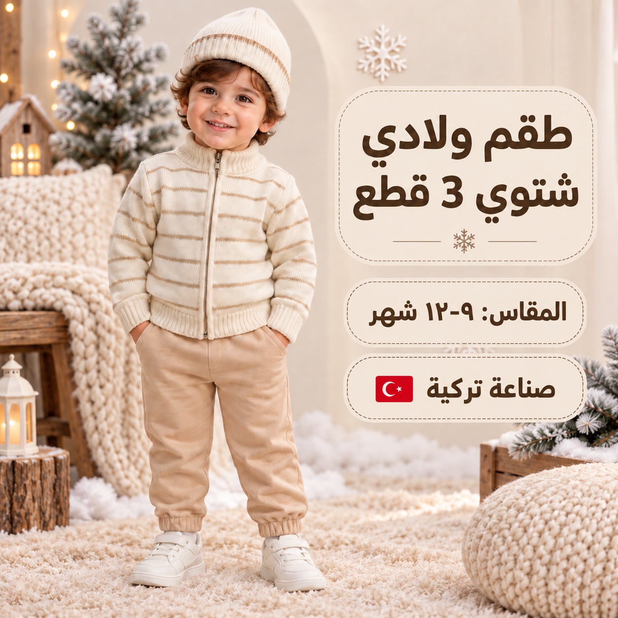 Turkish Baby Boys’ 3-Piece Knitted Winter Set – Beige & Cream | 9–12 Months