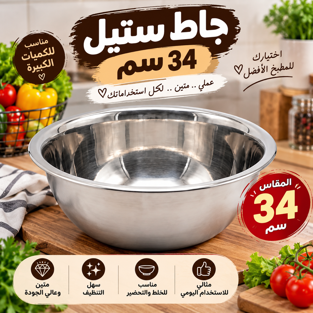 جاط ستانلس ستيل 34 سم 🥣 حجم كبير وعملي للتحضير، الخلط والتقديم، وسهل التنظيف.