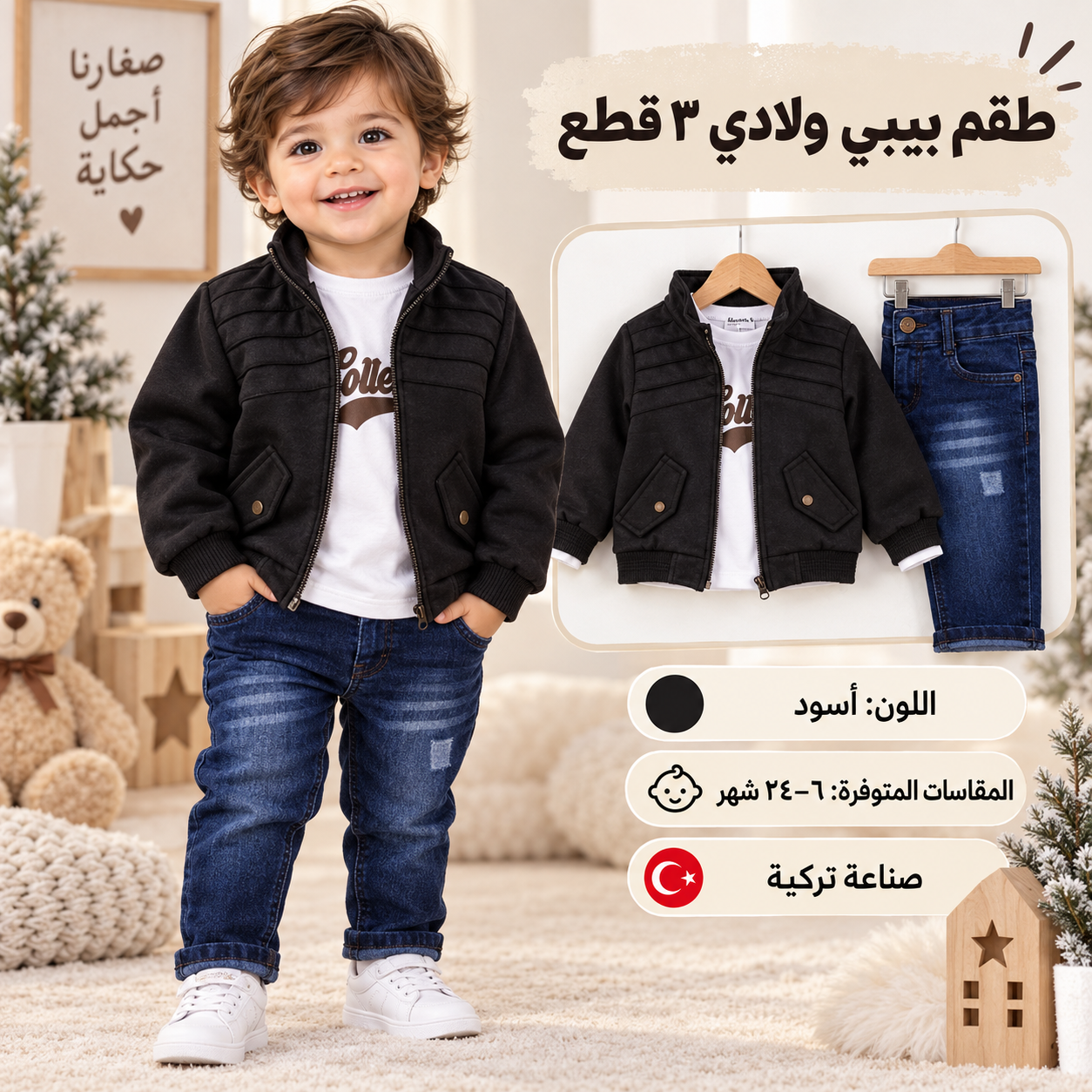 Turkish Baby Boys’ Winter 3-Piece Outfit Set – Black | 9–18 Months