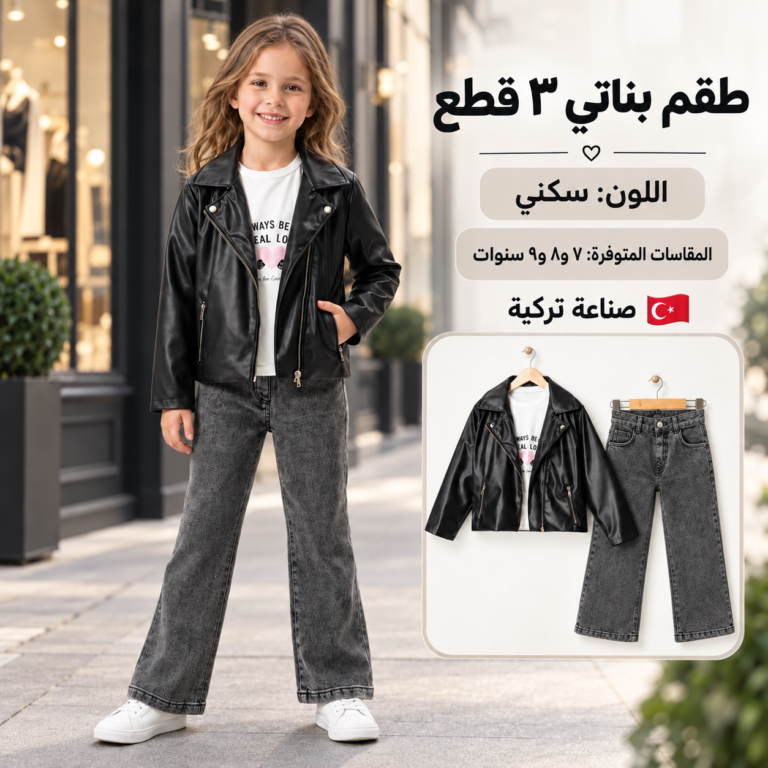 Turkish Girls’ 3-Piece Leather Jacket Outfit Set – Grey & Black | 7–9 Years